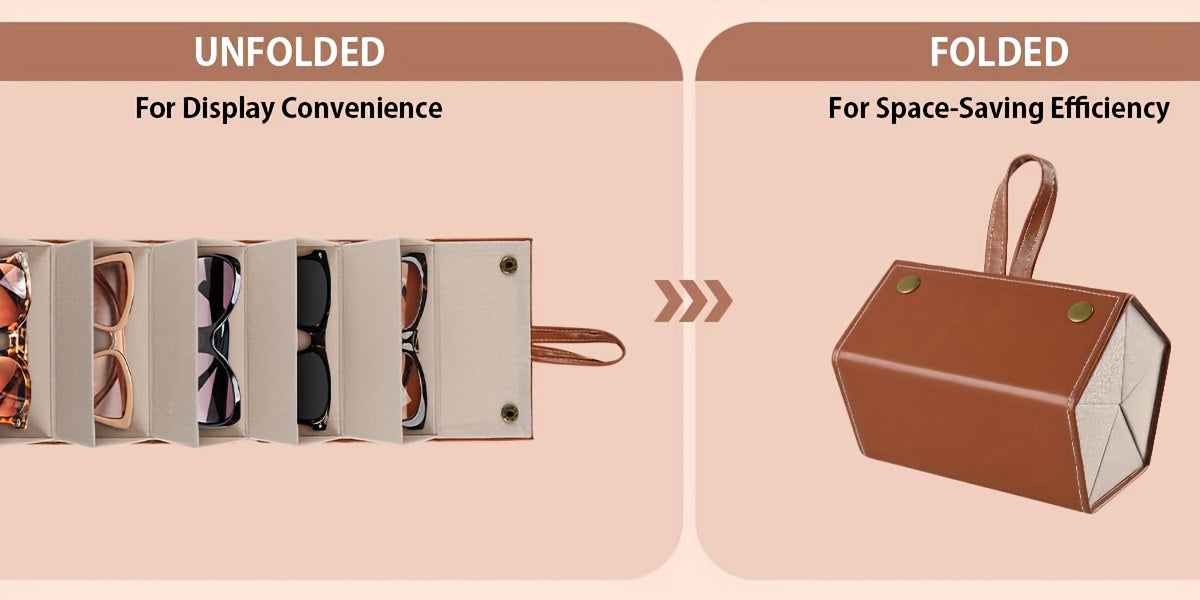 A product comparison graphic showing a brown and beige foldable sunglasses case. The left panel, labeled 'UNFOLGED For Display Convenience,' shows the case opened to display several pairs of sunglasses inside.