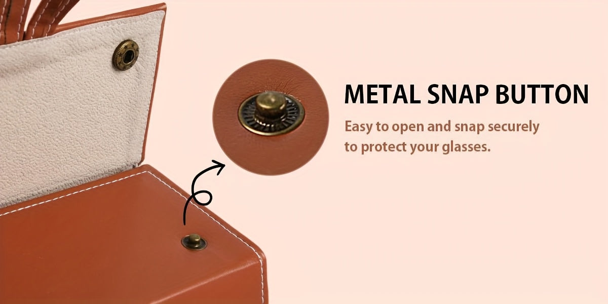 Close-up of a brown leather clutch or wallet showing a metal snap button closure, with a circular inset highlighting the snap button and text reading 'METAL SNAP BUTTON' and 'Easy to open and snap securely to protect your glasses.'.