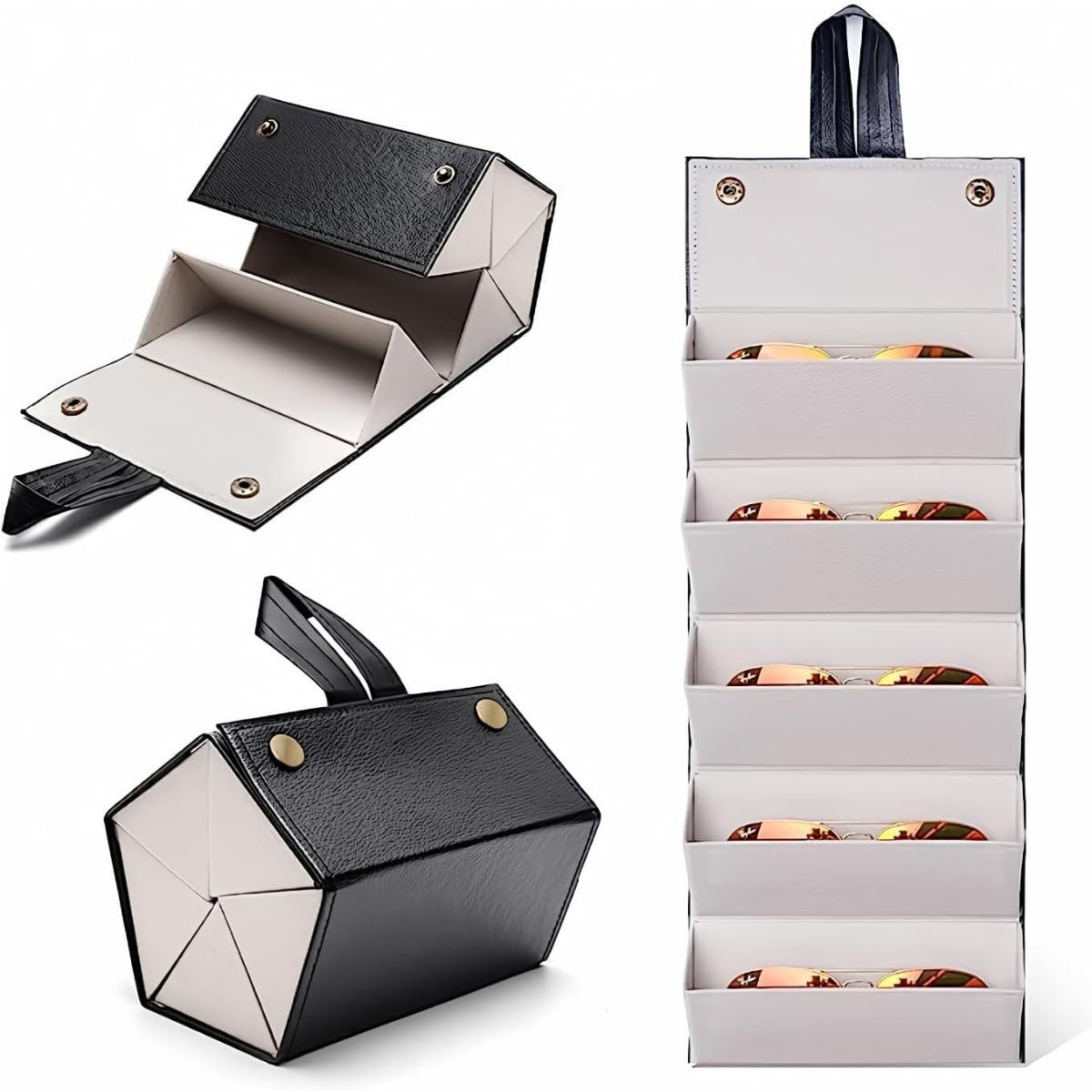 Black and white geometric jewelry organizer with compartments on a white background