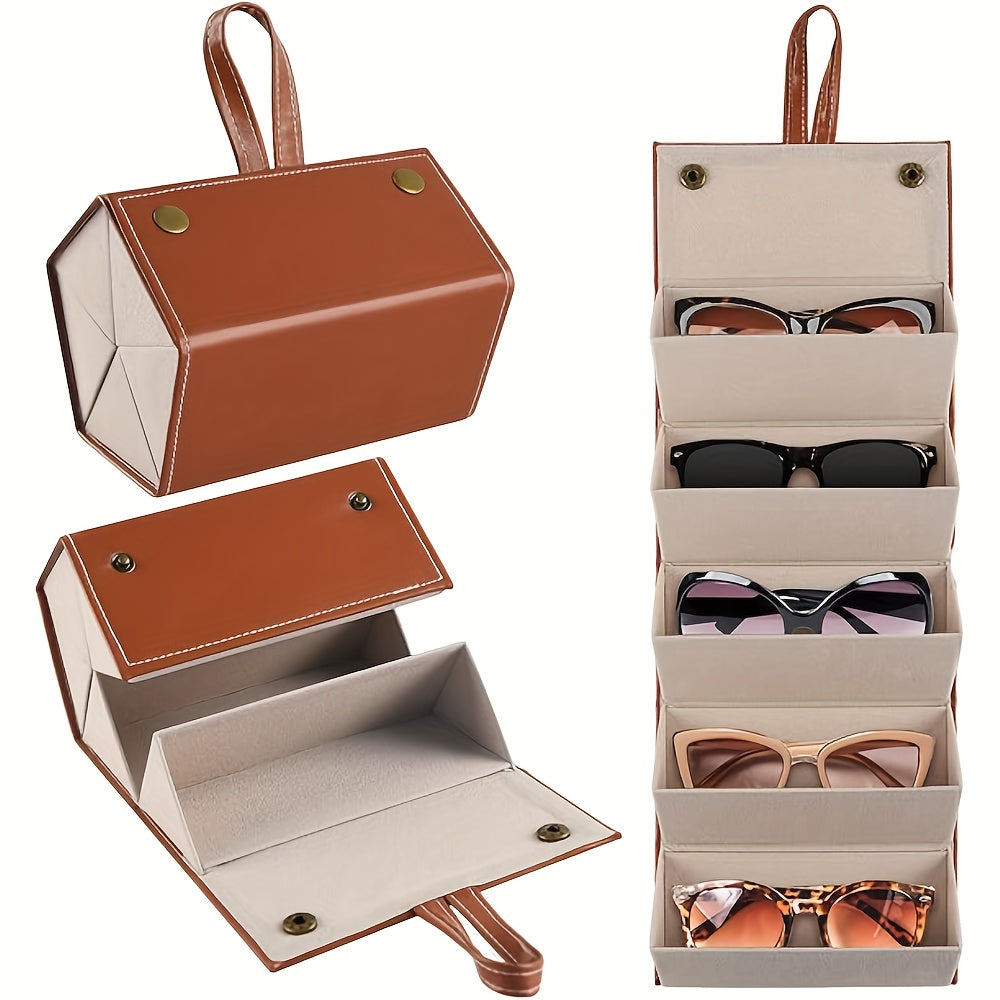 Sunglasses organizer with brown leather top and beige interior, holding multiple pairs of sunglasses.