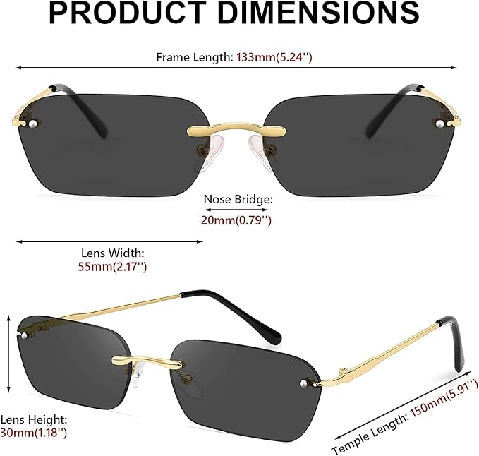 Sunglasses with labeled dimensions on a white background
