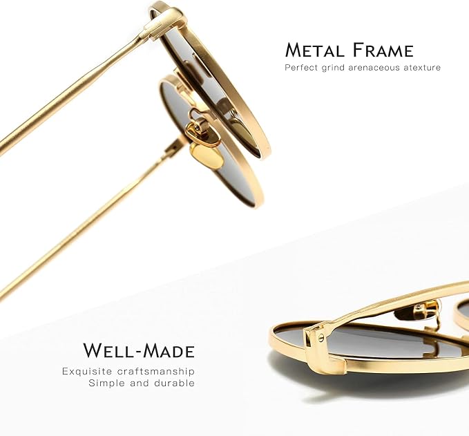 Close-up of gold metal-framed sunglasses with dark tinted lenses, shown on a white background with text highlighting the metal frame and well-made craftsmanship.
