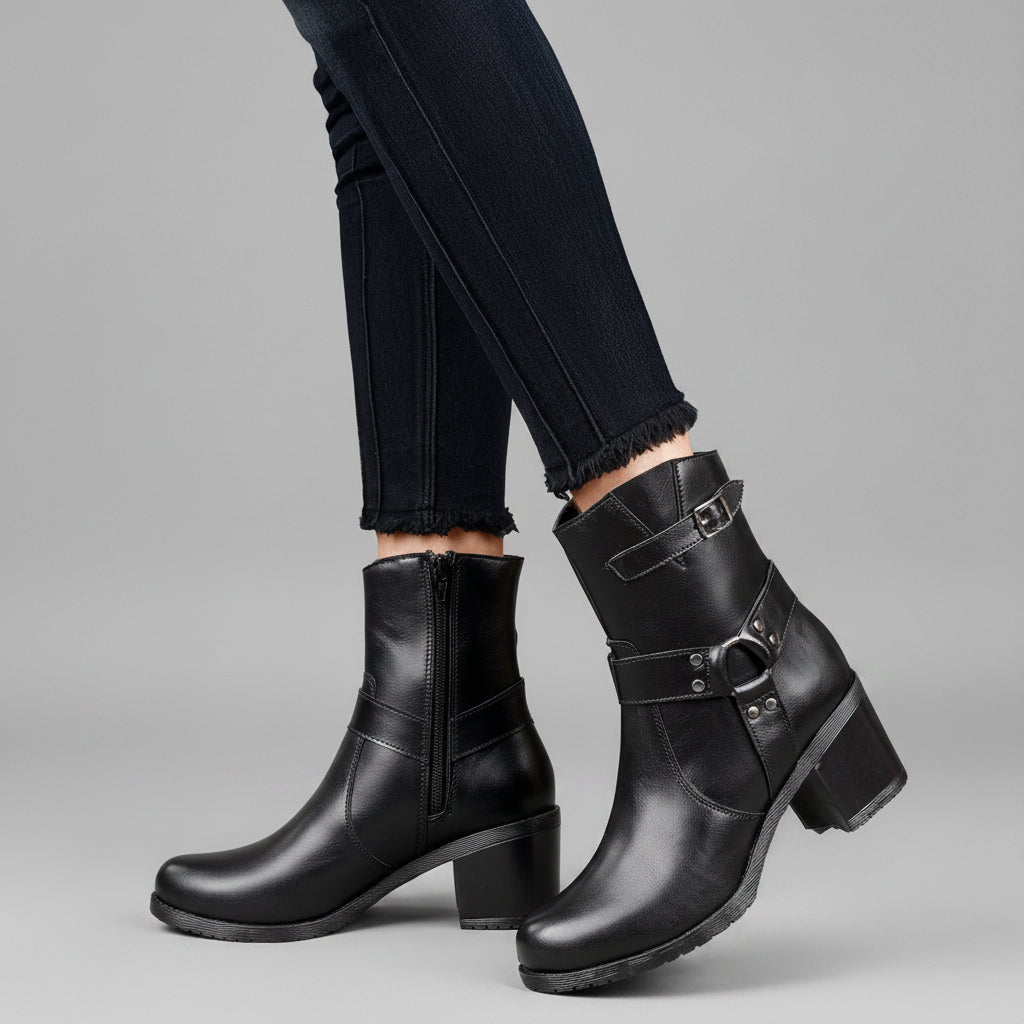 A person wearing black leather ankle boots with block heels and buckle strap details, paired with dark skinny jeans, against a solid beige studio background with a small potted plant on a stool.
