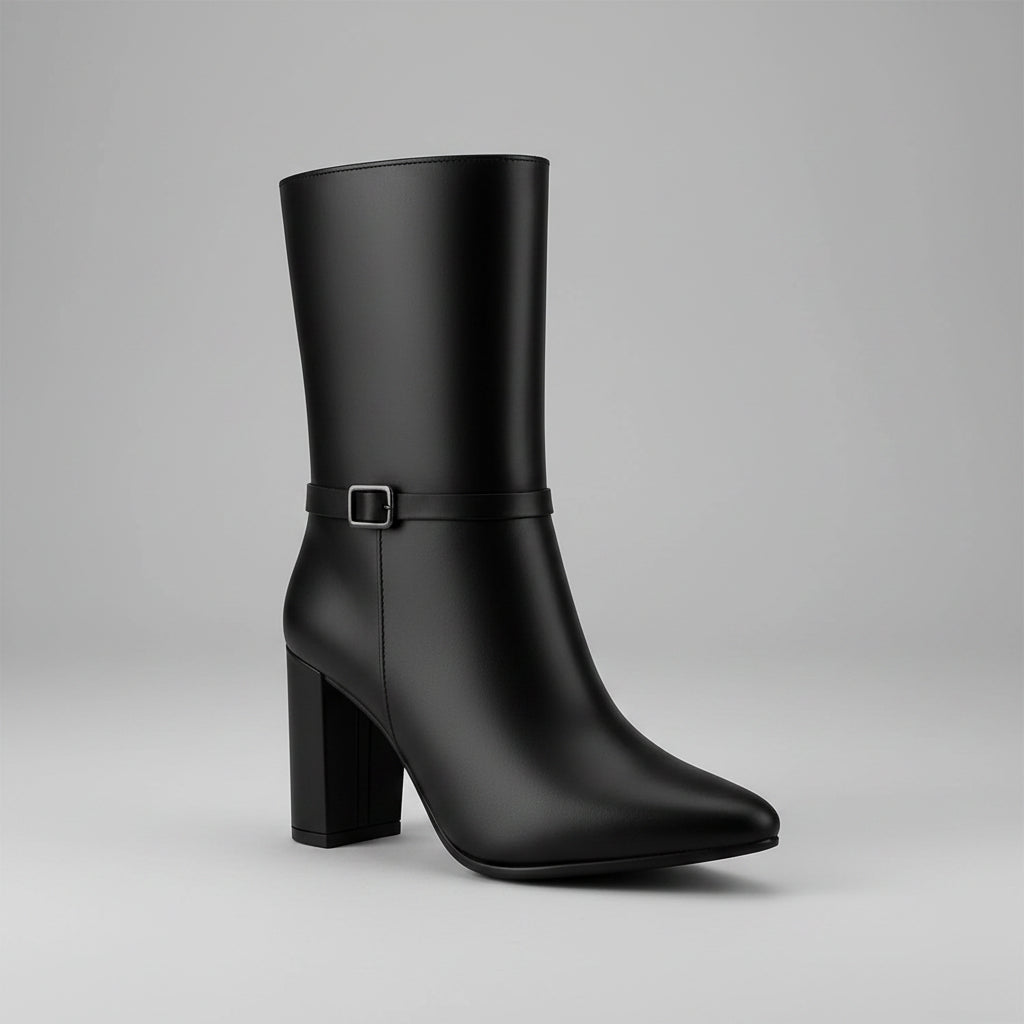 A black leather mid-calf boot with a block heel, pointed toe, and a thin strap detail with a buckle, displayed on a glass surface with a potted plant in the background.