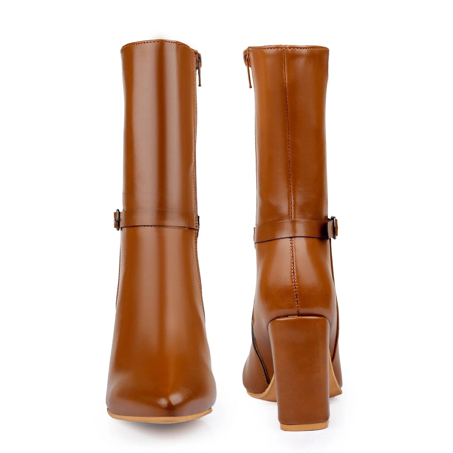 A pair of mid-calf brown leather boots shown from the back, featuring a block heel, side zipper, and a decorative strap with a small buckle on the back of the ankle.