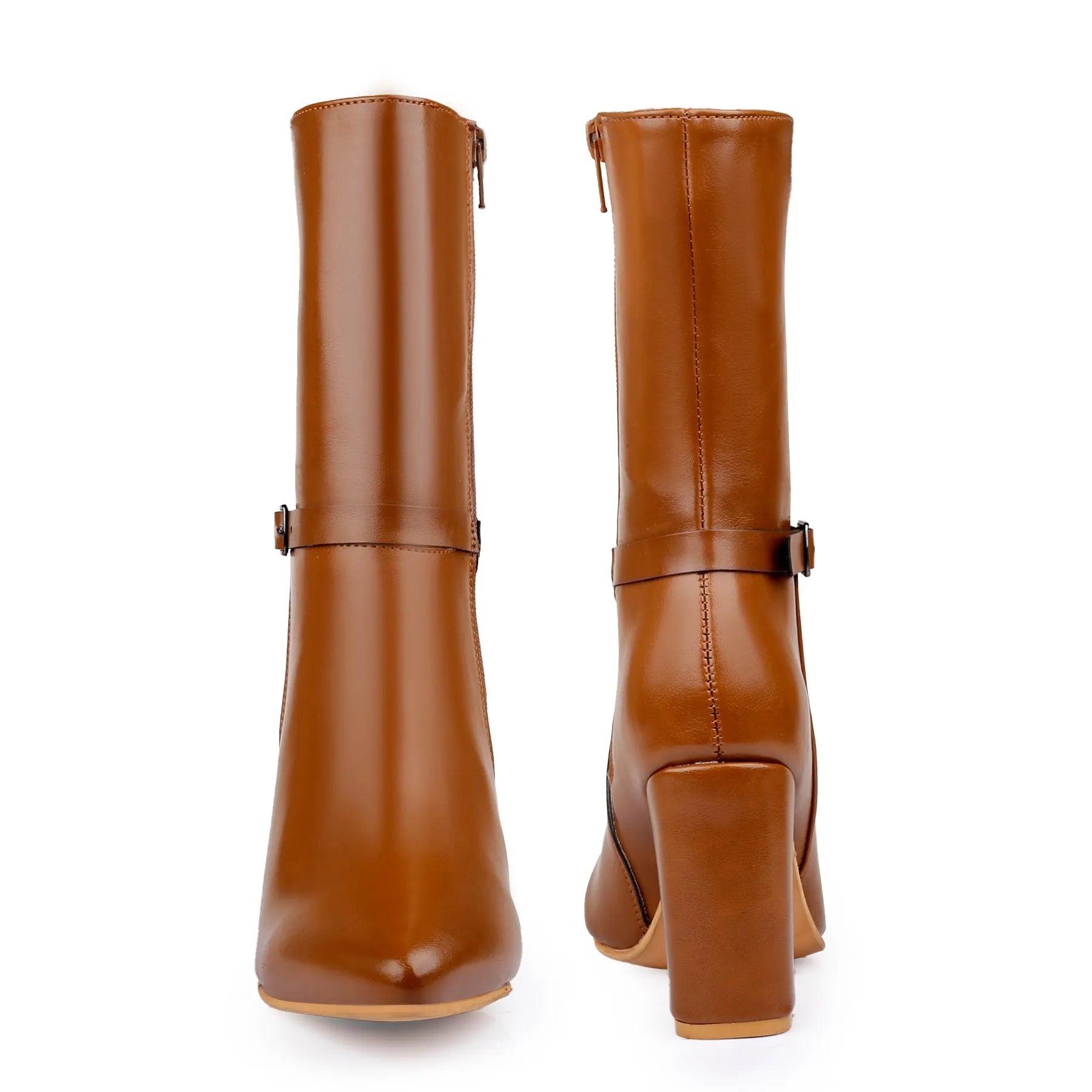 A pair of mid-calf brown leather boots shown from the back, featuring a block heel, side zipper, and a decorative strap with a small buckle on the back of the ankle.
