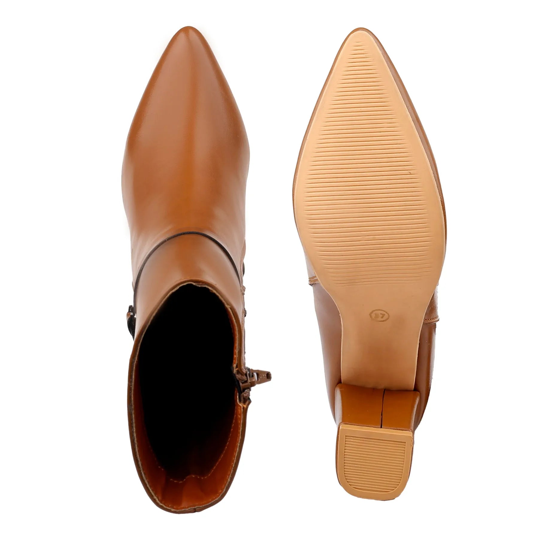 A pair of women's pointed-toe ankle boots in smooth tan leather, shown from the side and the sole view against a plain white background.