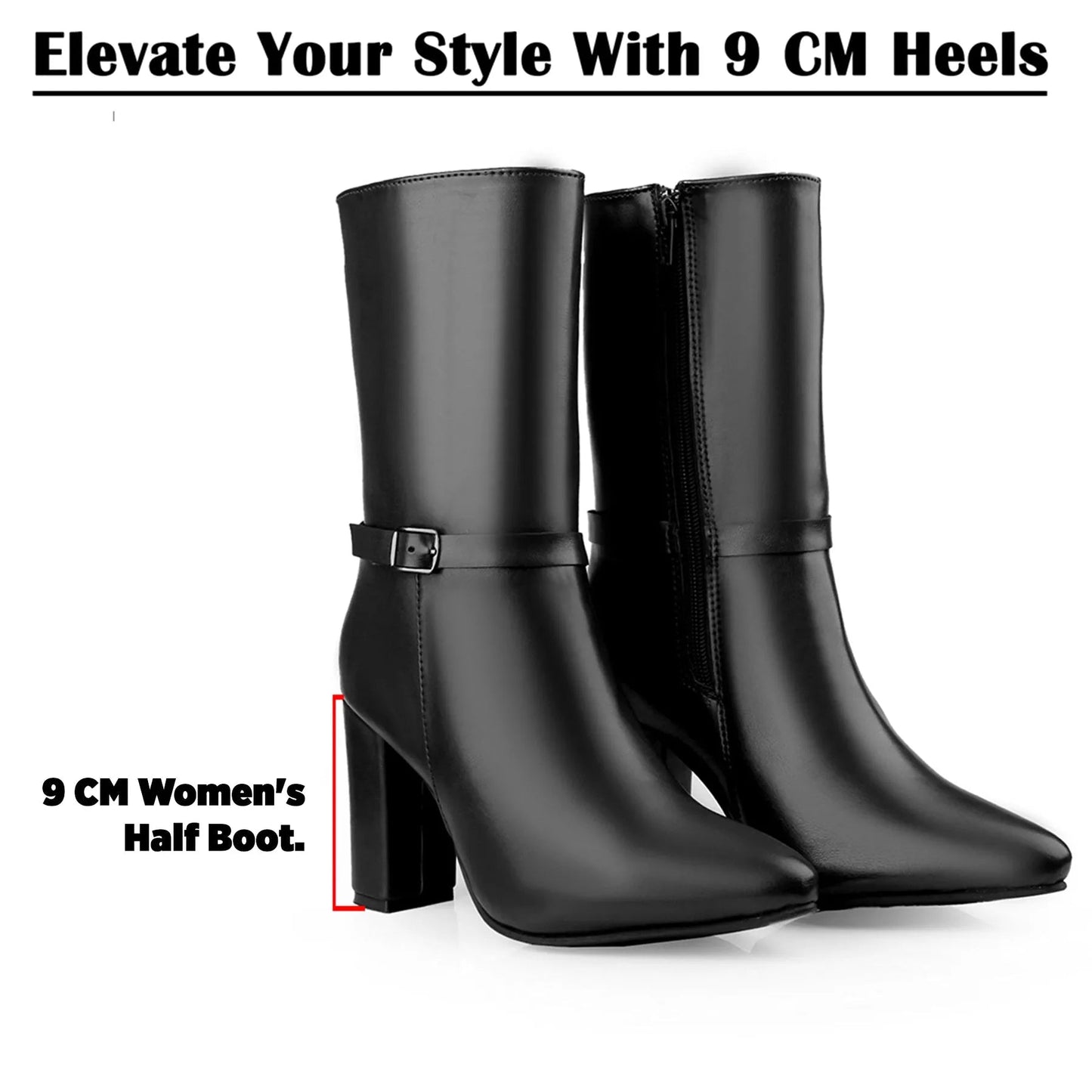 A pair of black knee-high boots with a block heel and side buckle detail, shown on a white background with promotional text highlighting 9 cm heels.