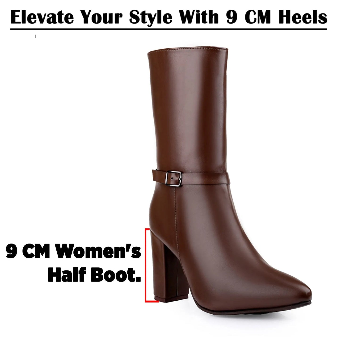 A brown faux-leather knee-high boot with a block heel and ankle buckle strap, shown on a white background with promotional text highlighting a 9 cm heel.