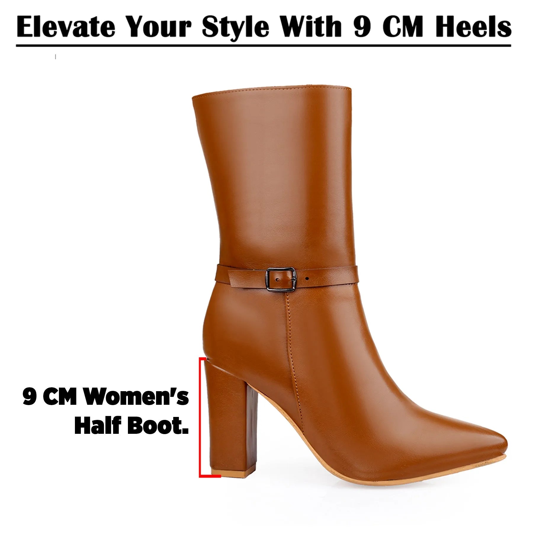 A brown leather ankle boot with a block heel and buckle strap, shown on a white background with text highlighting 9 cm heels.