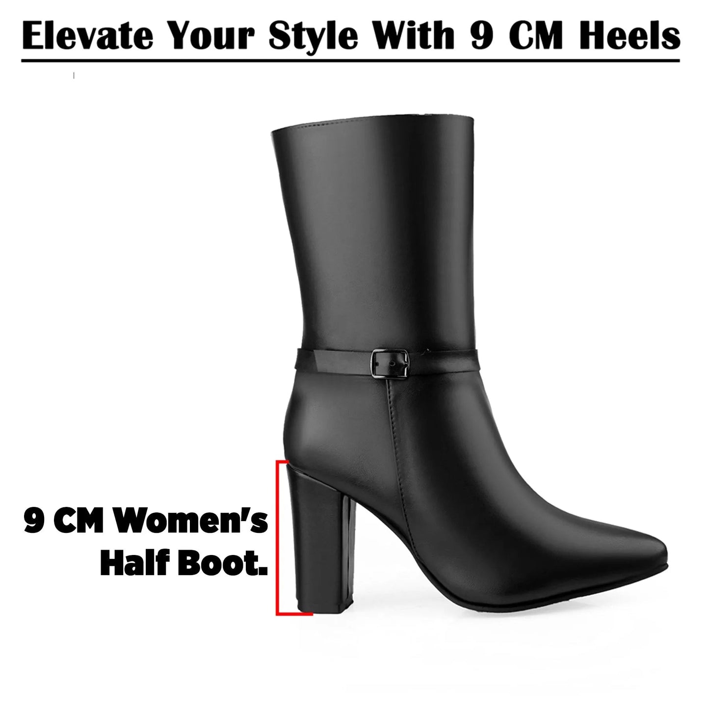 A black mid-calf heeled boot with a pointed toe and ankle buckle strap, shown on a white background with promotional text reading 'Elevate Your Style With 9 CM Heels' and '9 CM Women's Half Boot.'.