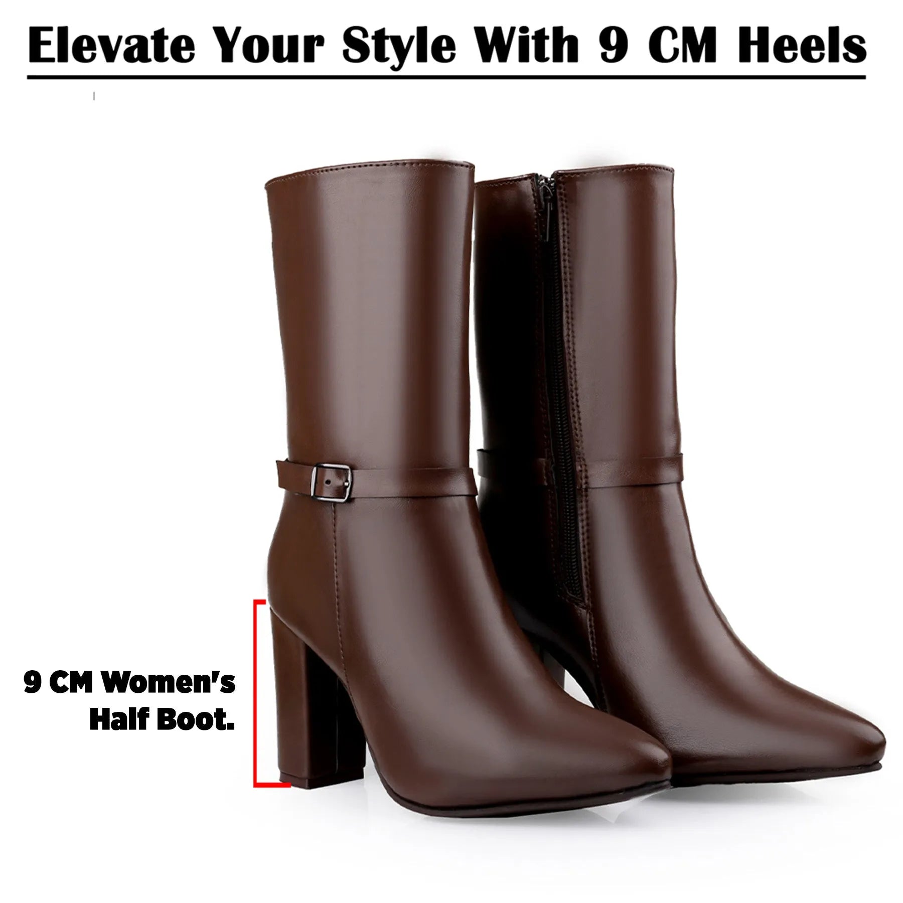 A pair of dark brown knee-high boots with pointed toes and block heels, shown on a white background with text highlighting a 9 cm heel height.