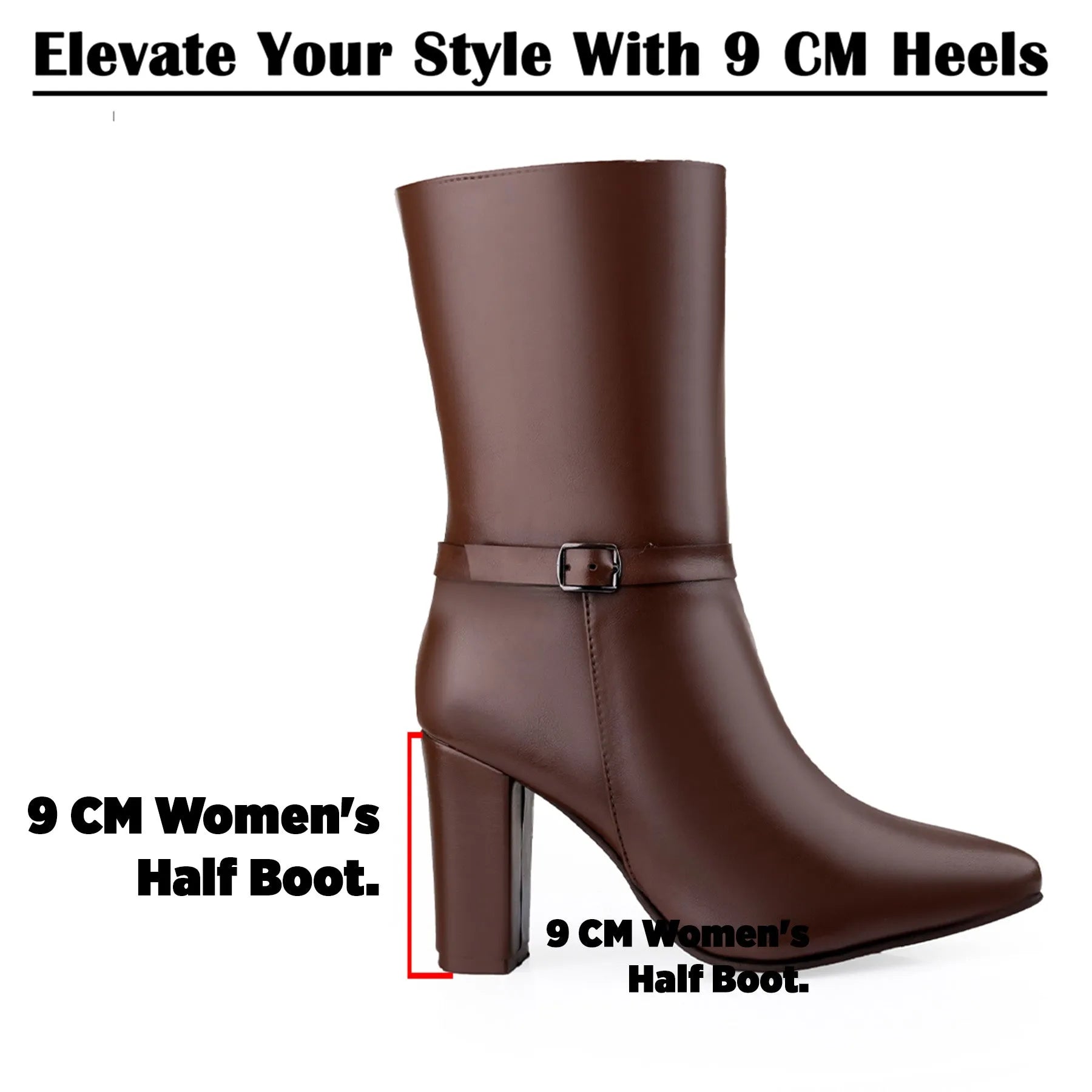 A brown faux-leather ankle boot with a block heel and buckle strap, shown on a white background with text highlighting its 9 cm height.