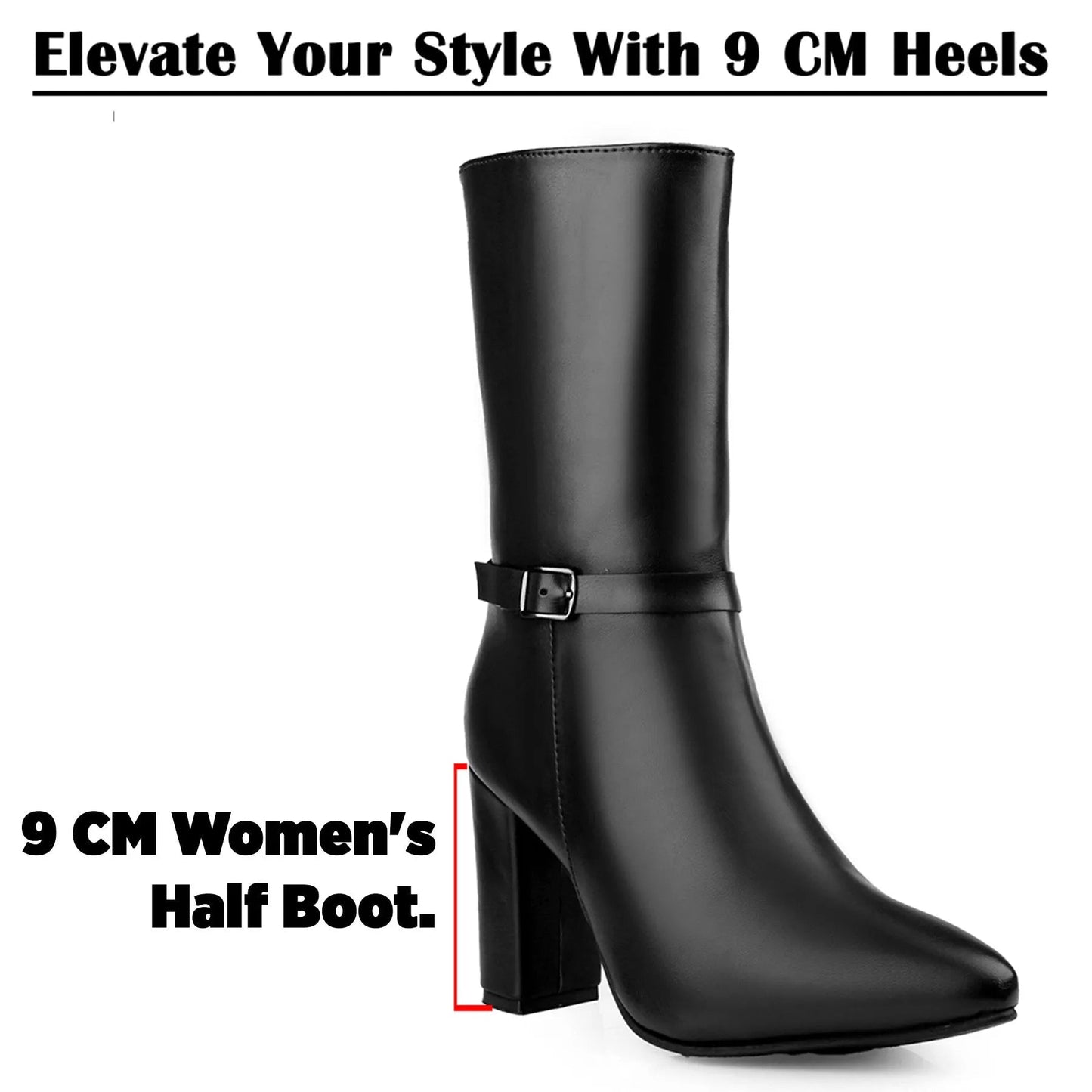 A black mid-calf heeled boot with a side buckle strap, shown on a white background with promotional text reading 'Elevate Your Style With 9 CM Heels' and '9 CM Women's Half Boot.'.