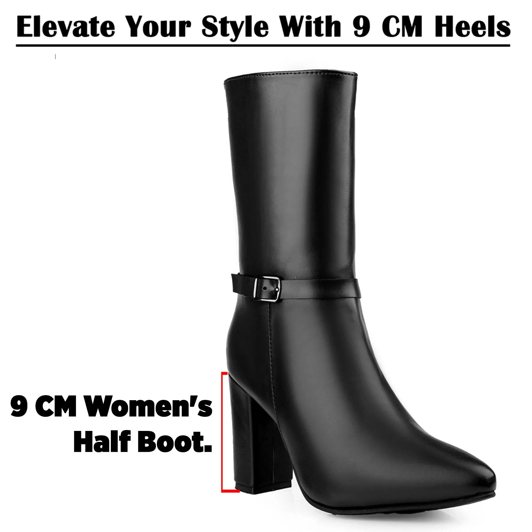 A black mid-calf heeled boot with a side buckle strap, shown on a white background with promotional text reading 'Elevate Your Style With 9 CM Heels' and '9 CM Women's Half Boot.'.