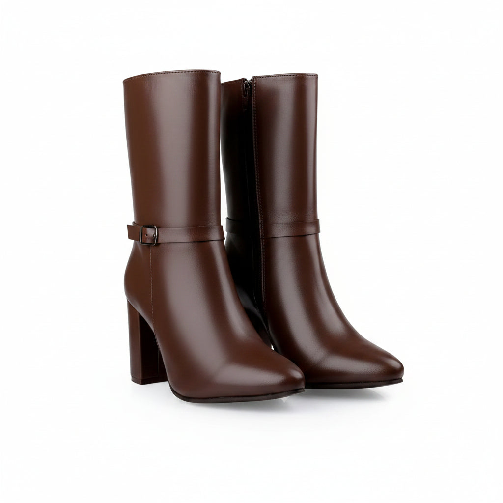 A pair of dark brown leather knee-high boots with a block heel, pointed toe, and a decorative strap with a silver buckle on the outer side, shown against a plain white background.