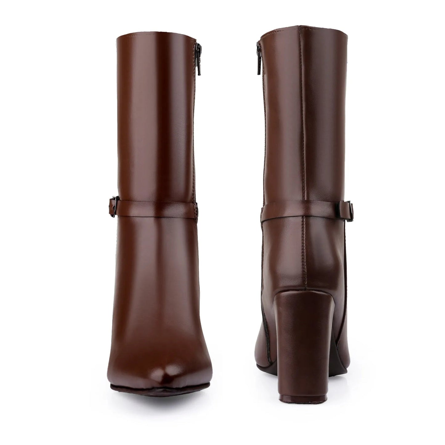 A pair of dark brown leather knee-high boots shown from the front and back against a plain white background.