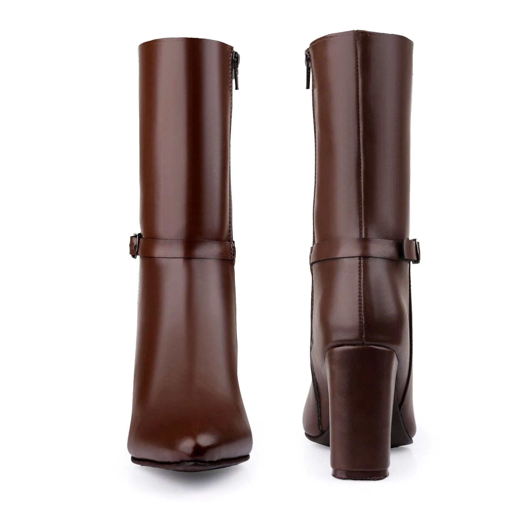 A pair of dark brown leather knee-high boots shown from the front and back against a plain white background.