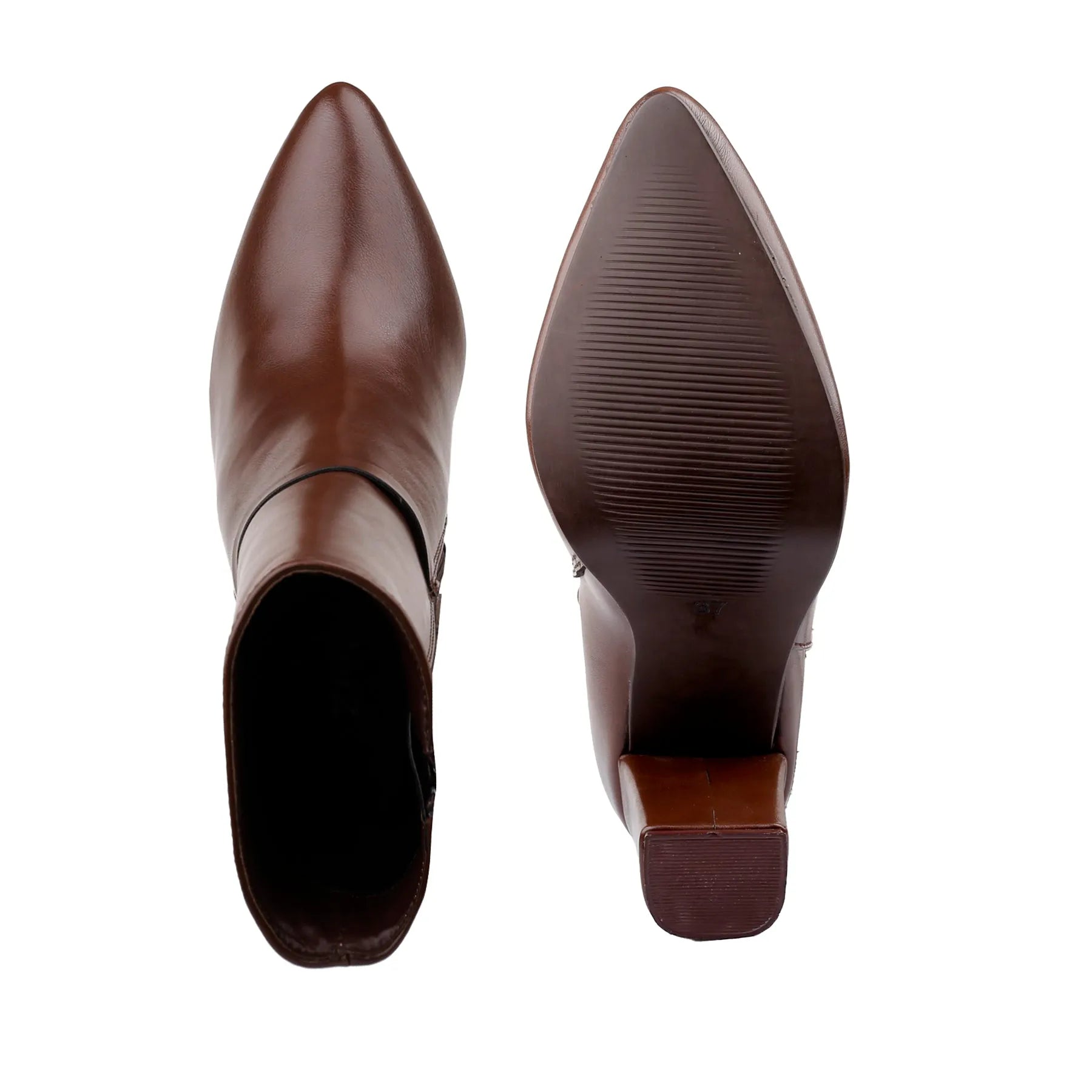 A pair of brown leather ankle boots shown from the top and side views against a plain white background.