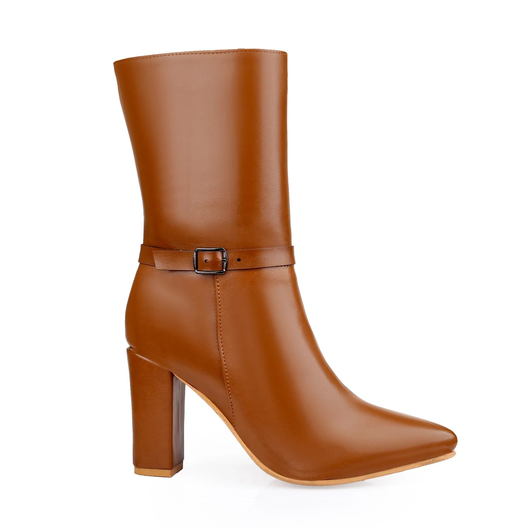 A single brown leather ankle boot with a pointed toe, a mid-height block heel, and a matching ankle strap with a small square buckle, shown against a plain white background.