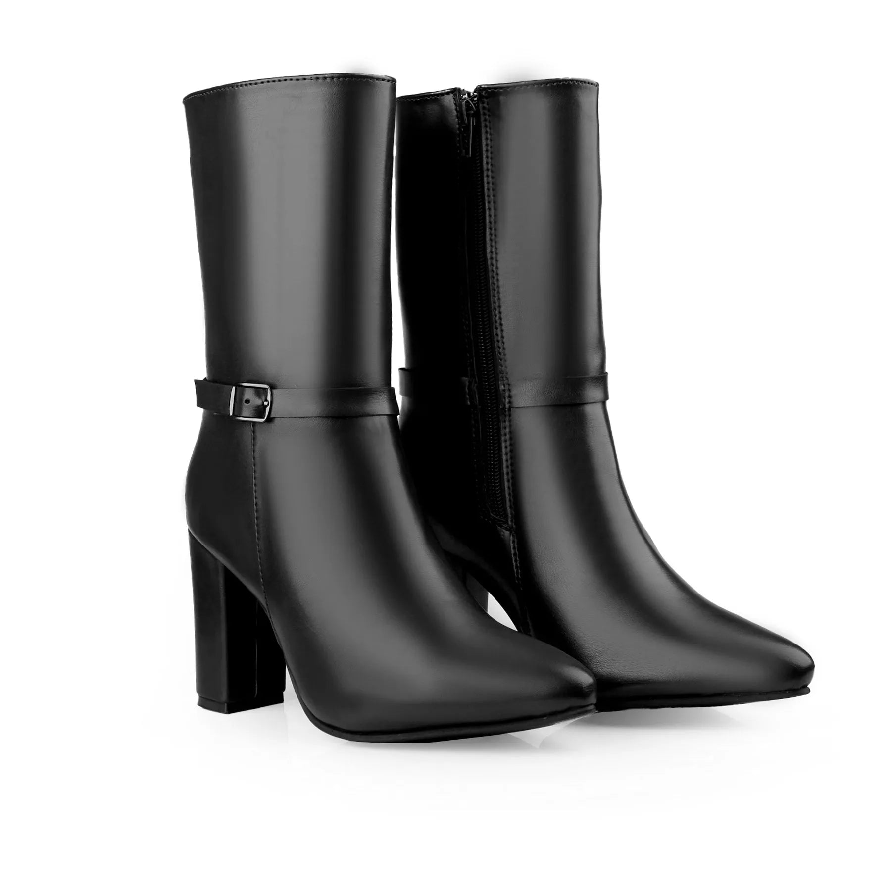 A pair of black faux-leather mid-calf boots with a pointed toe, block heel, and a decorative buckle strap on the outer side, shown against a plain white background.