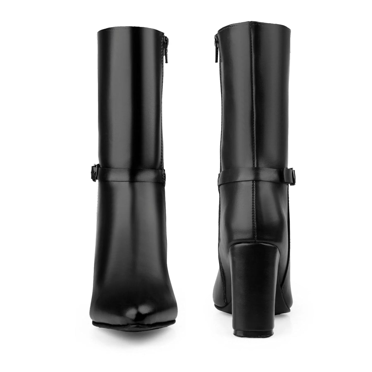 A pair of black leather knee-high boots shown from the front and back against a plain white background.