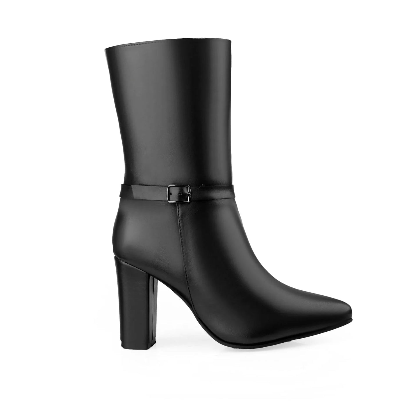 A single black leather ankle boot with a pointed toe, a chunky block heel, and a decorative ankle strap with a small buckle, shown against a plain white background.