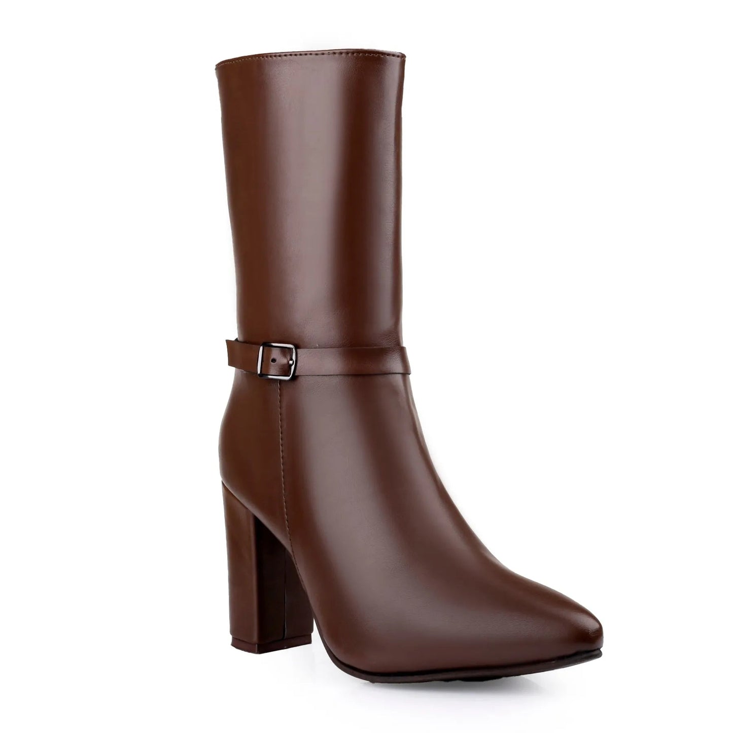 A brown faux-leather mid-calf boot with a pointed toe, block heel, and a decorative buckle strap around the ankle, shown against a plain white background.