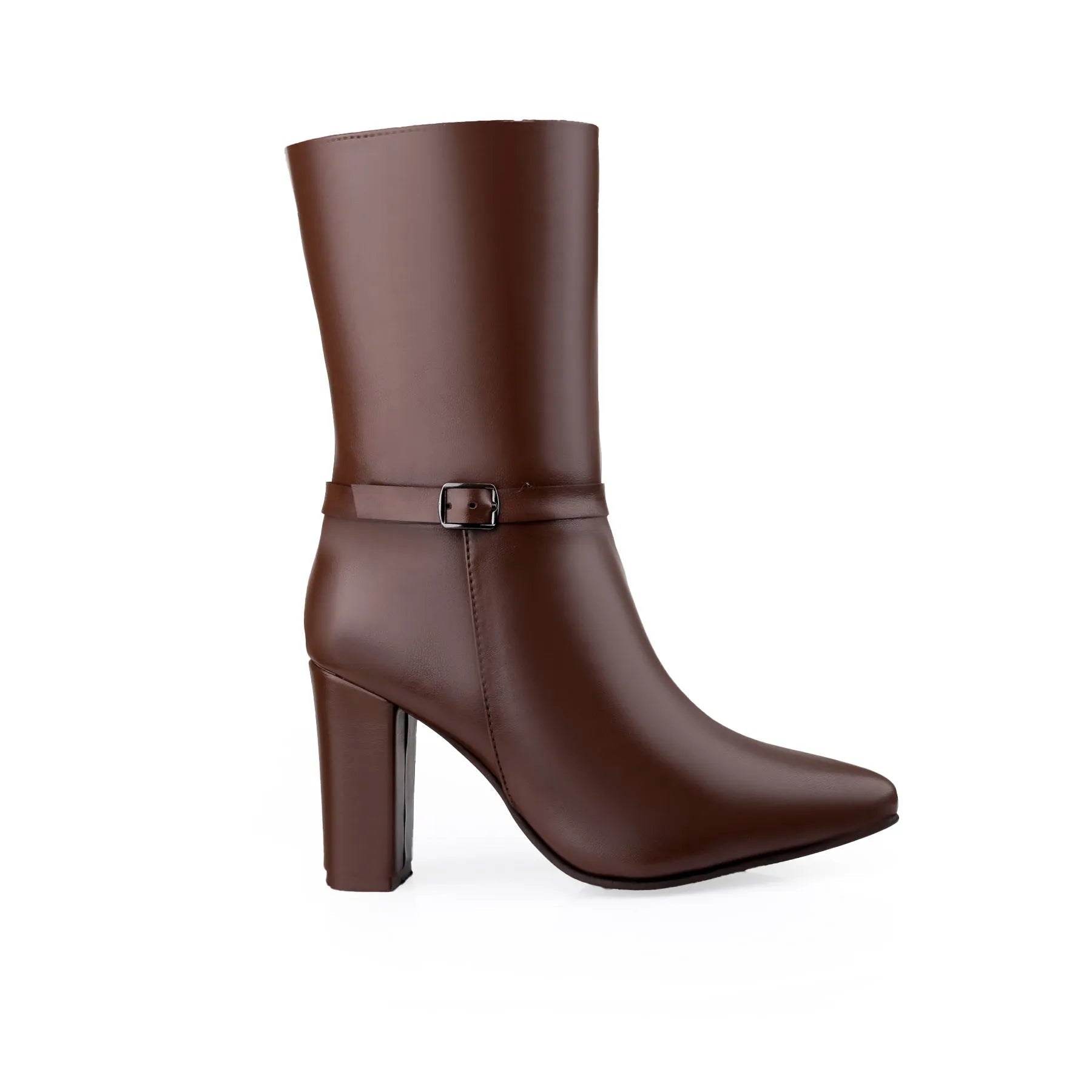 A single dark brown leather ankle boot with a pointed toe, a mid-height block heel, and a decorative ankle strap with a small silver buckle, shown against a plain white background.