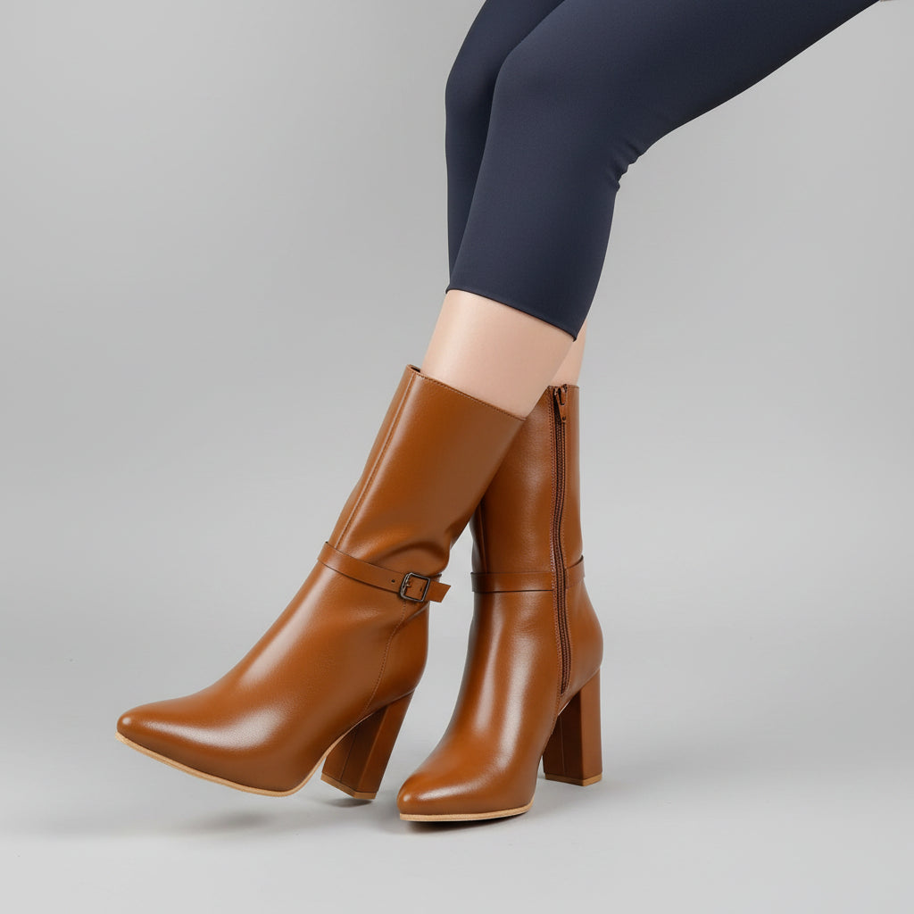 A pair of women's mid-calf brown boots with block heels and side zippers, shown on a model wearing dark leggings in a styled studio setting with a textured beige wall and wooden stool.