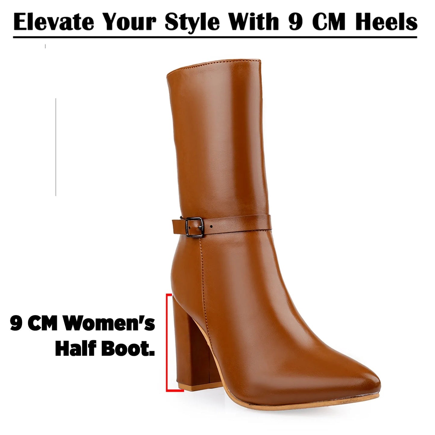 A brown leather mid-calf boot with a block heel and ankle strap, shown on a white background with promotional text highlighting 9 cm heels.