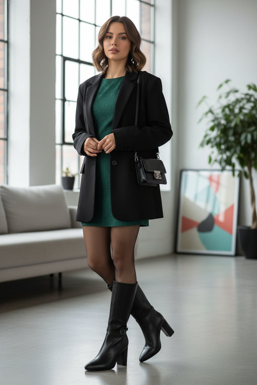 A black faux-leather mid-calf boot with a pointed toe, a chunky block heel, and a decorative ankle strap with a silver buckle, shown against a plain white background.