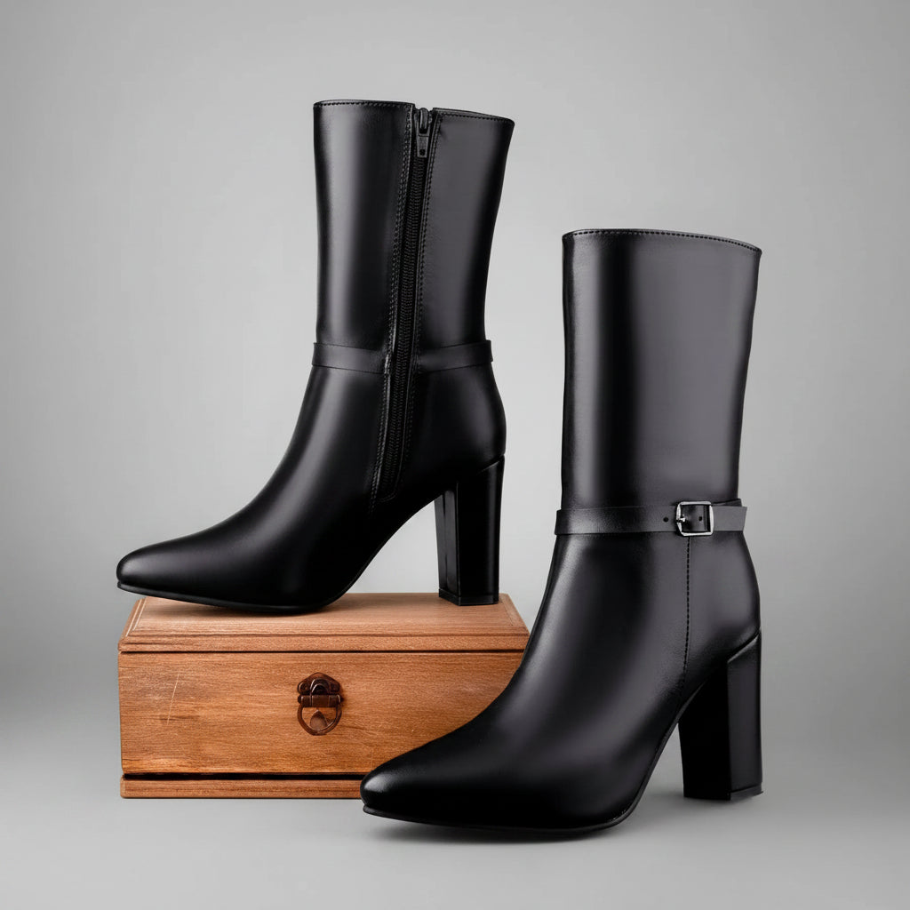 A pair of black leather mid-calf boots with block heels, one standing on a wooden box and the other in front, photographed against a warm beige studio background.