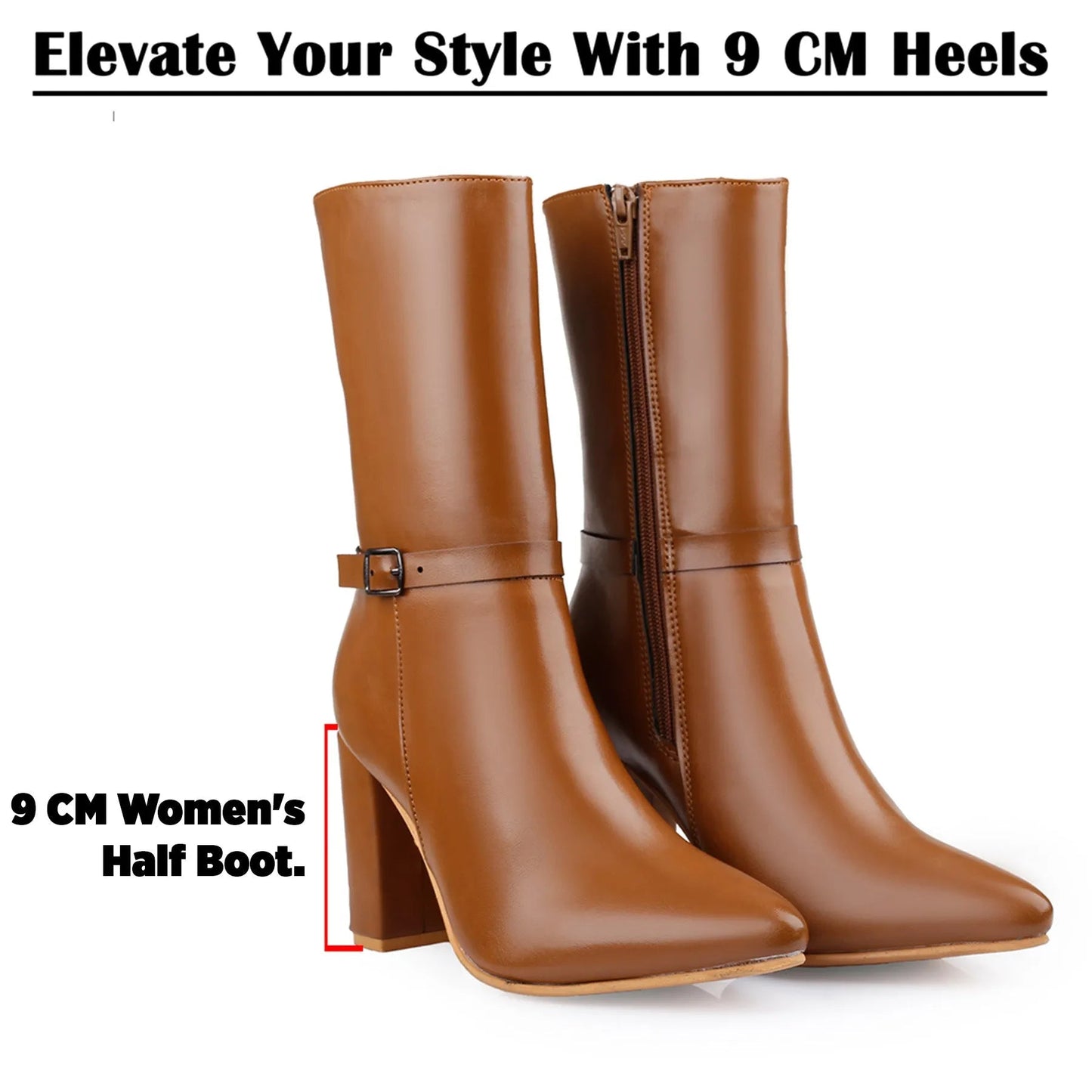A pair of brown ankle boots with a block heel and side buckle strap, shown on a white background with text highlighting 9 cm heels and a 9 cm women's half boot comparison.