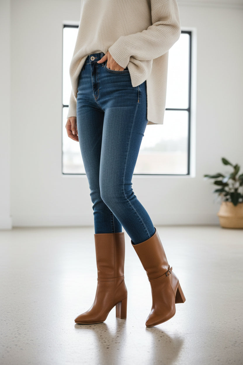 A brown leather ankle boot with a block heel and a decorative side strap with a buckle, displayed on a reflective surface with a potted plant in the background.