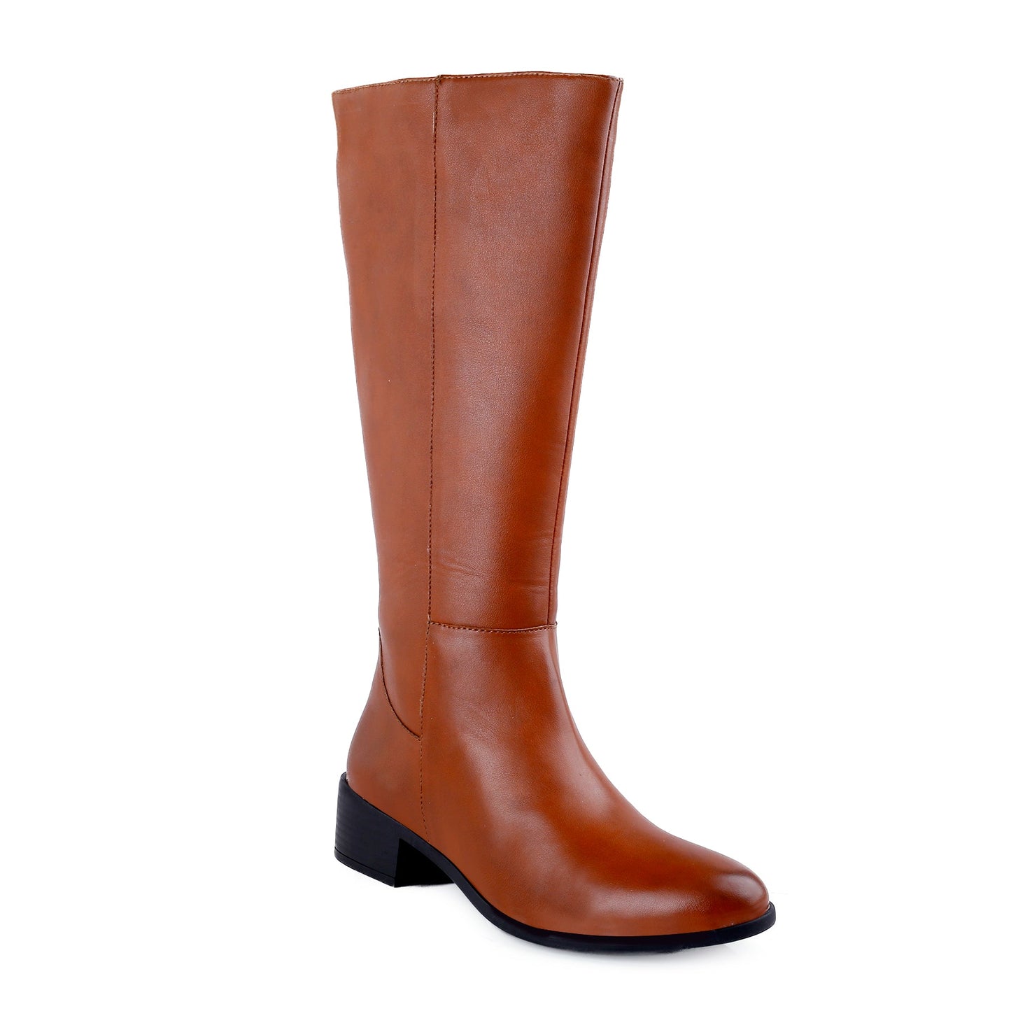 A single knee-high brown leather boot with a low block heel and rounded toe, shown from a three-quarters angle on a plain white background.