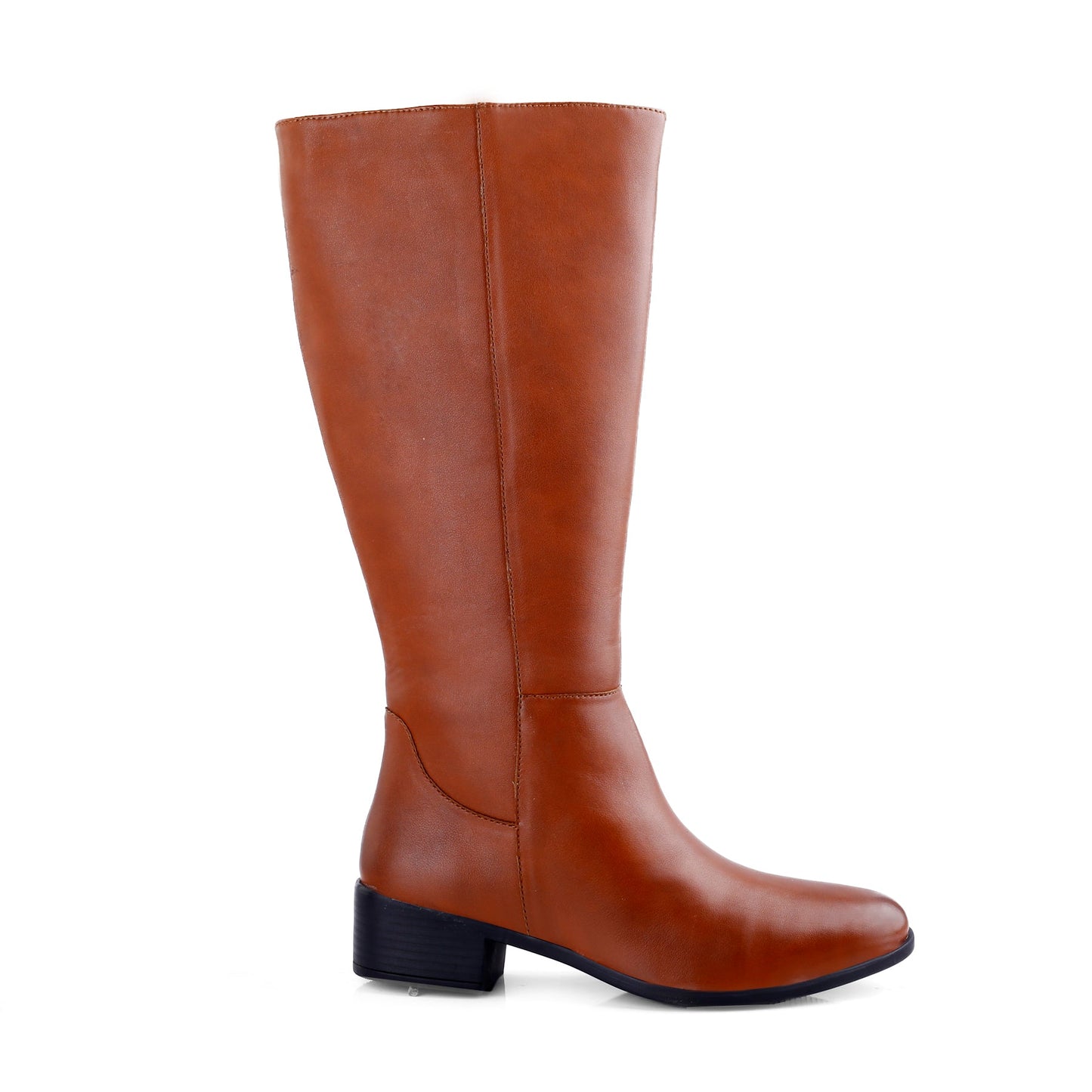 A single knee-high brown leather boot with a low block heel, shown in a side profile view against a plain white background.
