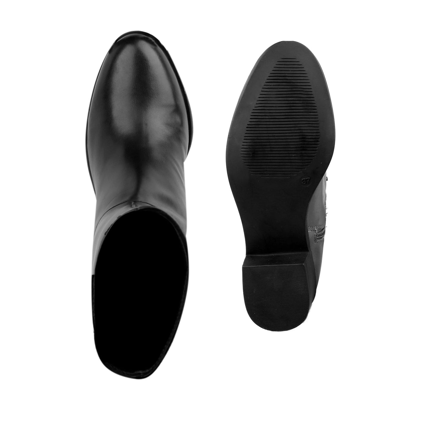 A pair of black leather ankle boots shown from the top and sole views against a plain white background.