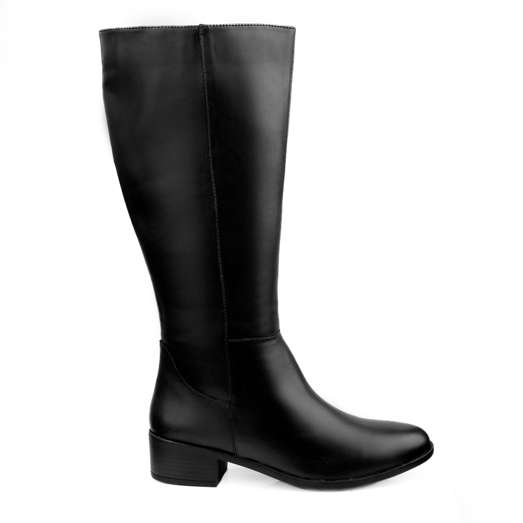 A single black leather knee-high boot with a low block heel and pointed toe, shown in profile against a plain white background.