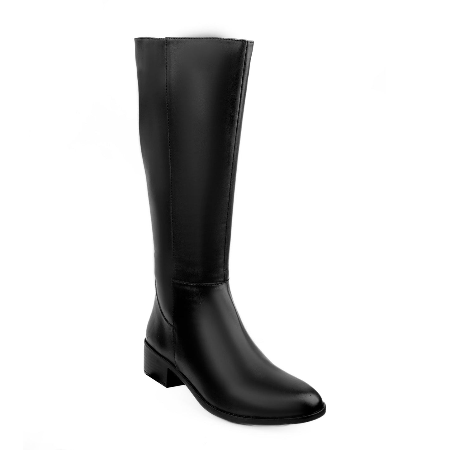 A single black knee-high leather boot with a low block heel and rounded toe, shown from a three-quarters angle on a plain white background.