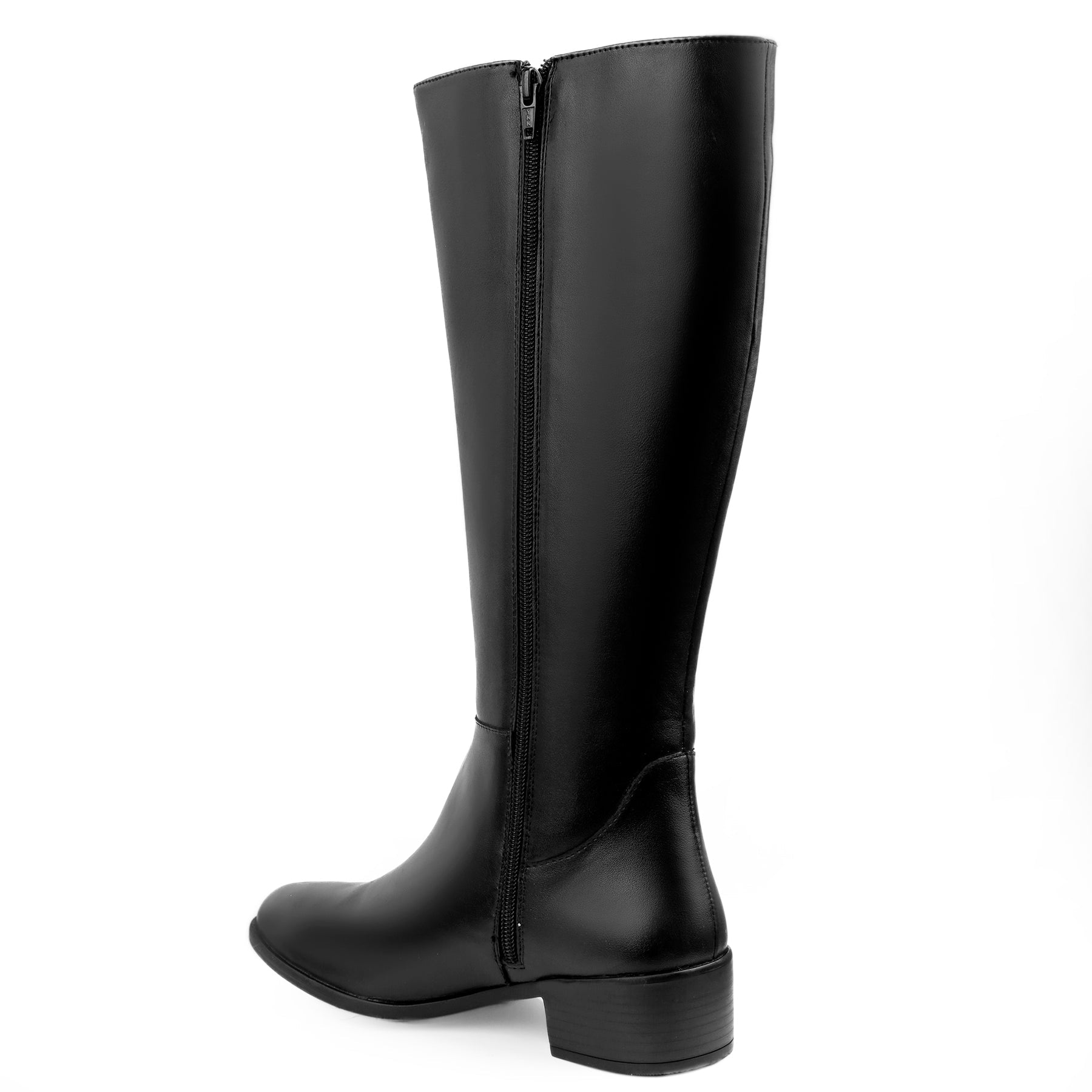 A single black knee-high boot with a side zipper, shown from a three-quarter rear angle against a plain white background.