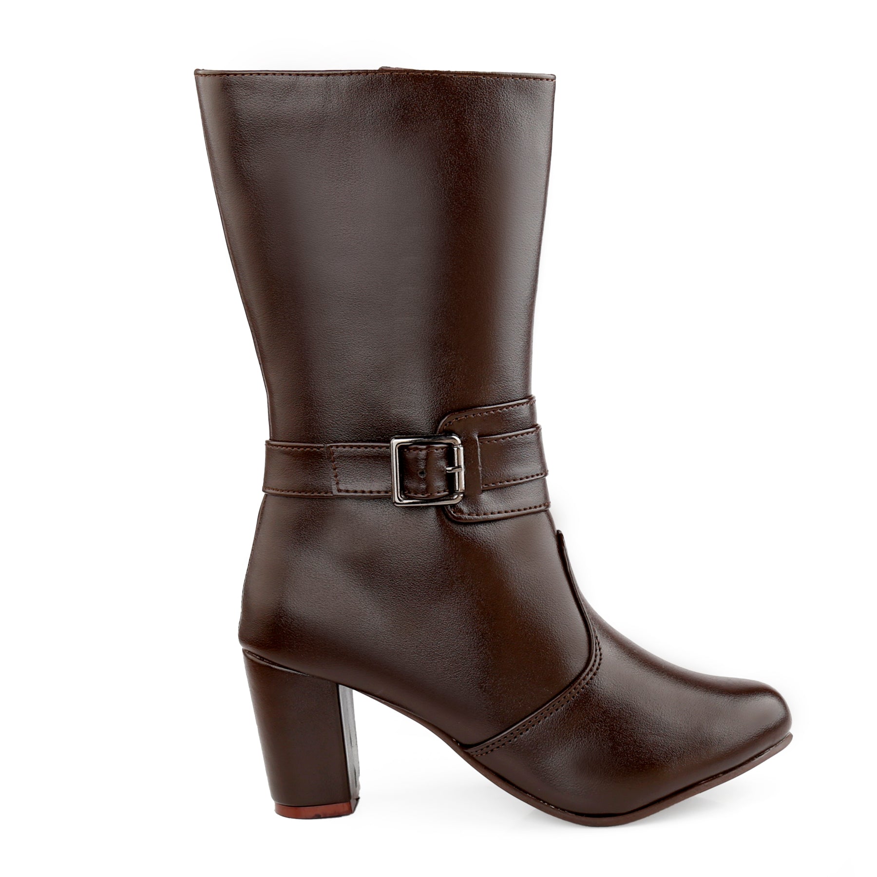 A dark brown leather mid-calf boot with a side buckle strap, block heel, and pointed toe, shown against a plain white background.