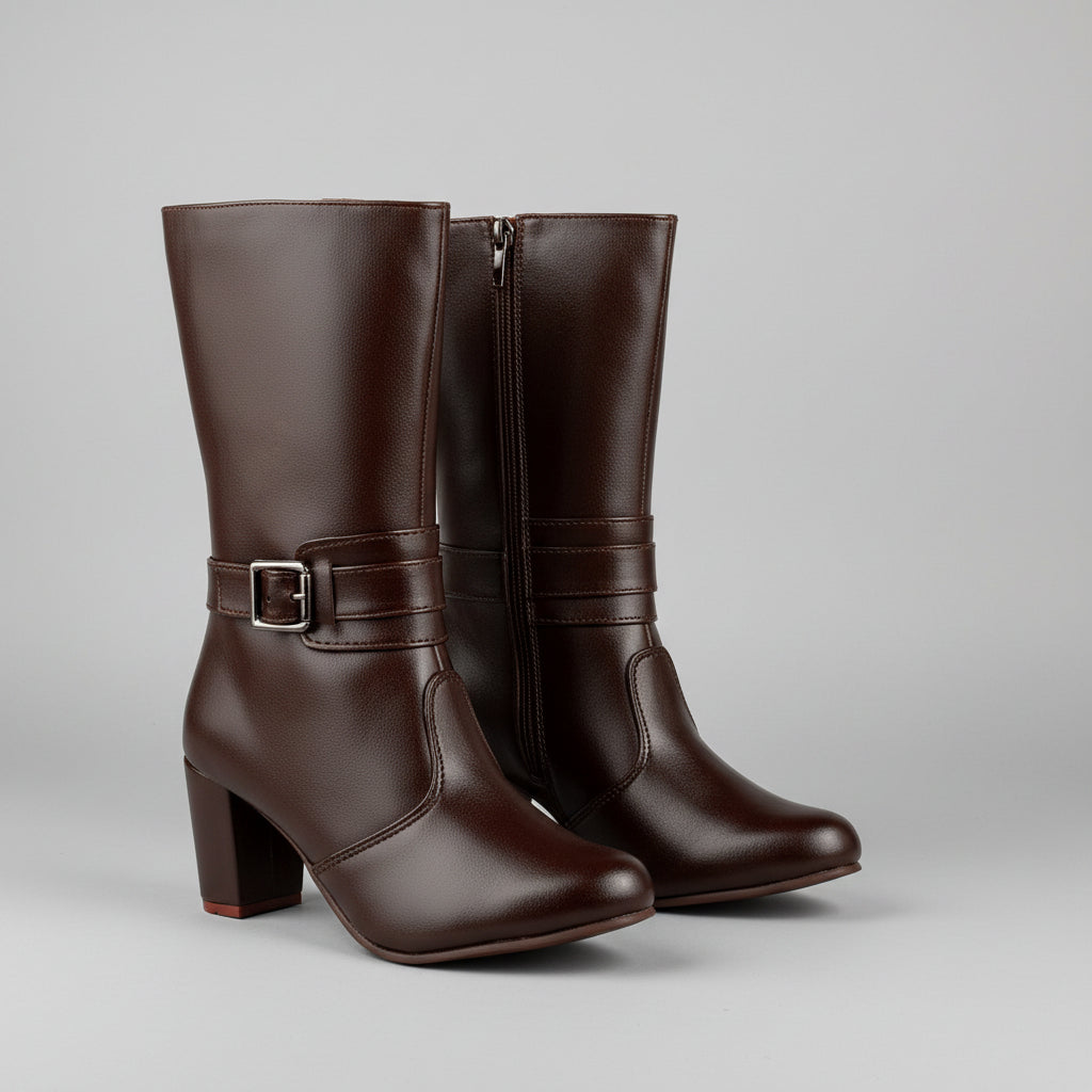 A pair of dark brown knee-high boots with block heels and a buckle strap detail, displayed on a yellow background.