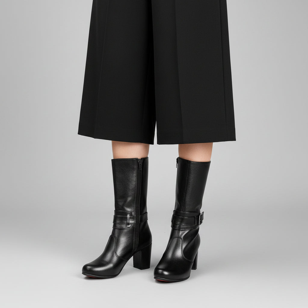 Rocco Bellano Women’s Buckle Long Boots | Premium Block Heel Knee-High Boots