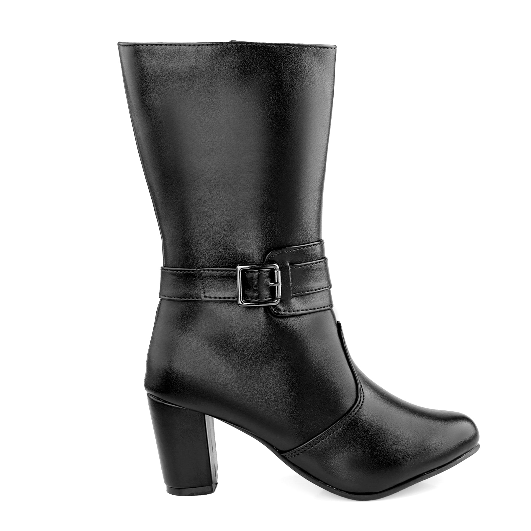 A black leather mid-calf boot with a block heel and a decorative buckle strap around the ankle, shown from a side profile on a white background.