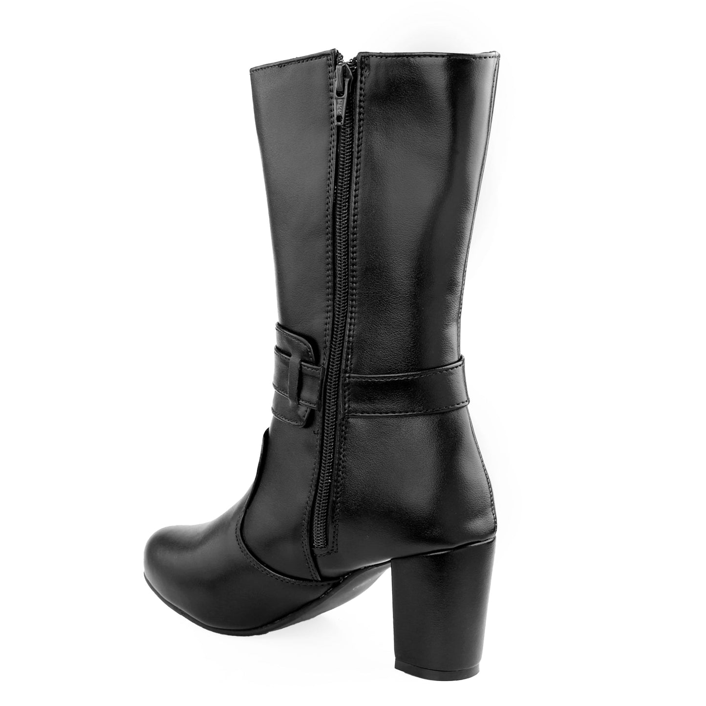 A black faux-leather mid-calf boot with a side zipper, a decorative strap with a buckle detail, and a chunky block heel, shown from a three-quarters angle on a white background.