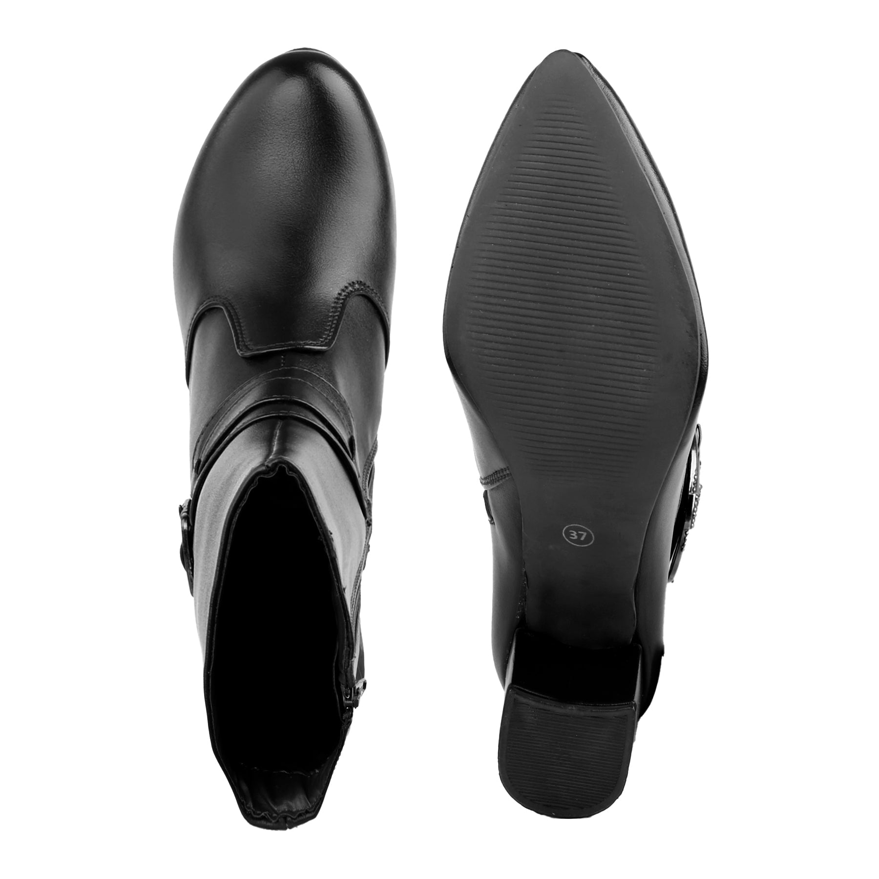 A pair of black leather ankle boots shown from the top and bottom views against a plain white background.