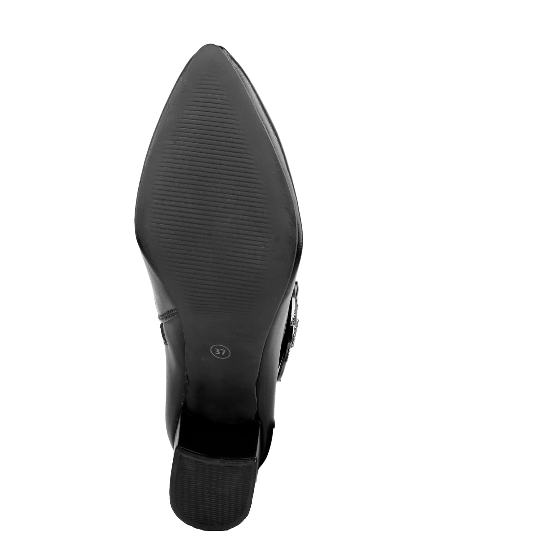 A black pointed-toe shoe shown from a top-down view, displaying its textured rubber outsole and a small metallic buckle on the side, set against a plain white background.
