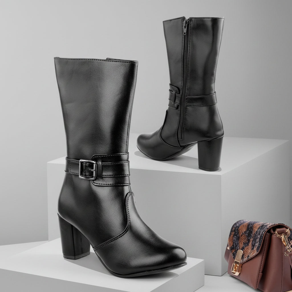 A pair of black leather mid-calf boots with block heels and side buckle straps, displayed on a tan surface with a matching tan pedestal. One boot is shown from the front and side, and the other from the back and side.