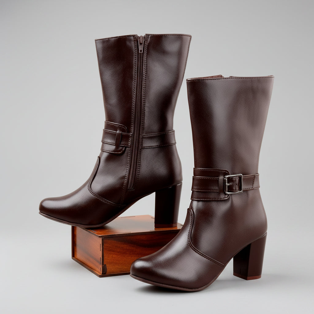 Rocco Bellano Women’s Buckle Long Boots | Premium Block Heel Knee-High Boots